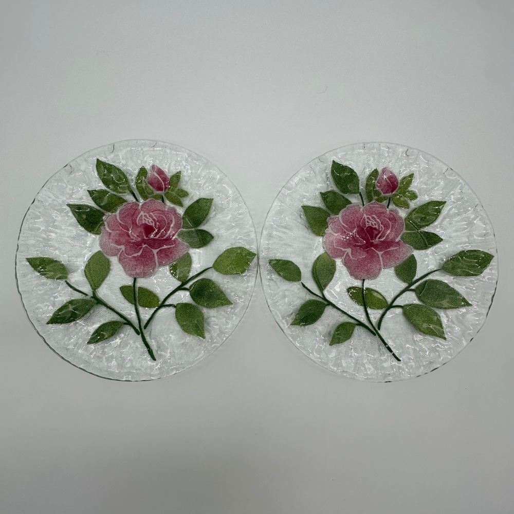 2 set Sydenstricker Fused Glass Pink Rose Plates Signed Syd Cape Cod 8.25in